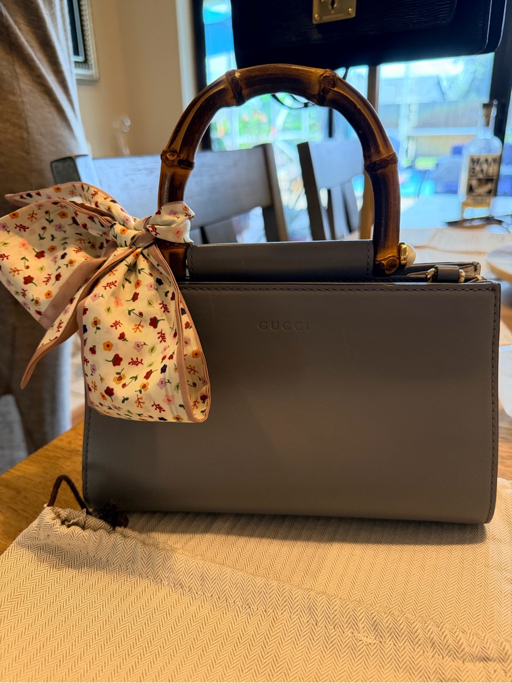 Gucci Blue Leather Top-Handle Shoulder Bag with Bamboo Handle and Floral Twilly
